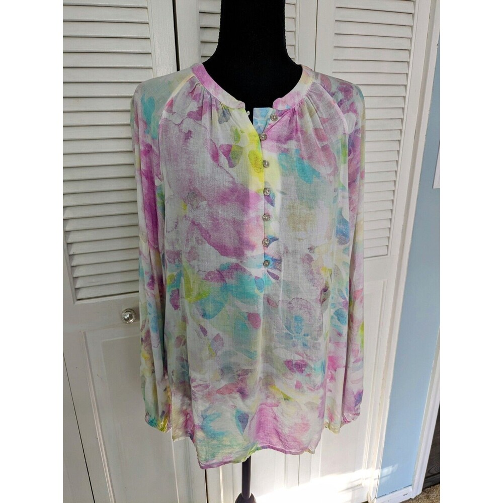 Adyson Parker Top Women 2X Floral Watercolor Lilac/Pink/White Tunic Art to Wear